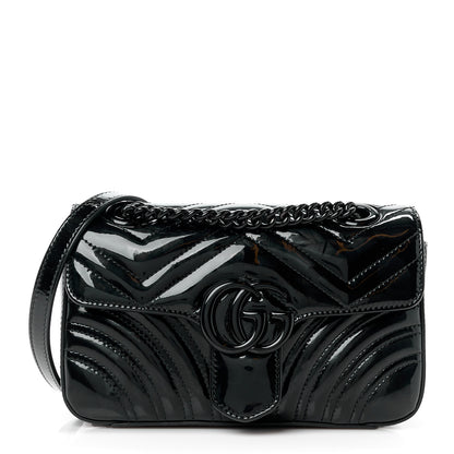 Gucci Patent Lambskin Matelasse Monochrome Mini GG Marmont Shoulder Bag Black 1 of 13