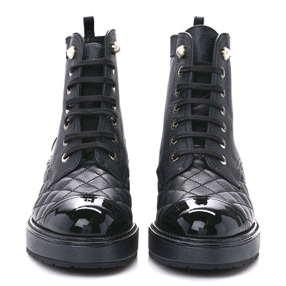 Chanel Pearly Calfskin Patent Calfskin Lace Up Combat Boots 36.5 Black 2 of 10
