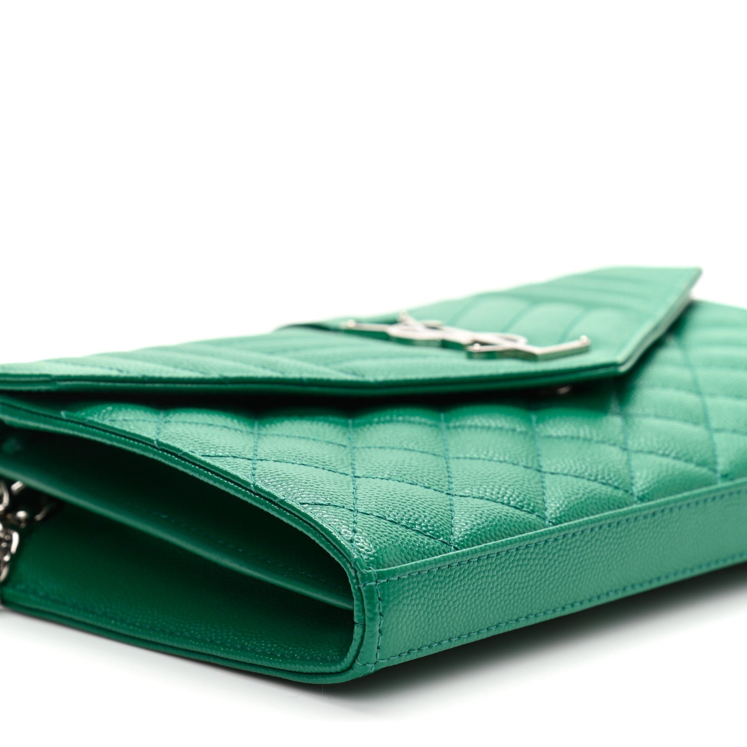 Saint Laurent Grain De Poudre Mixed Matelasse Triquilt Monogram Chain Wallet Green Field 7 of 9