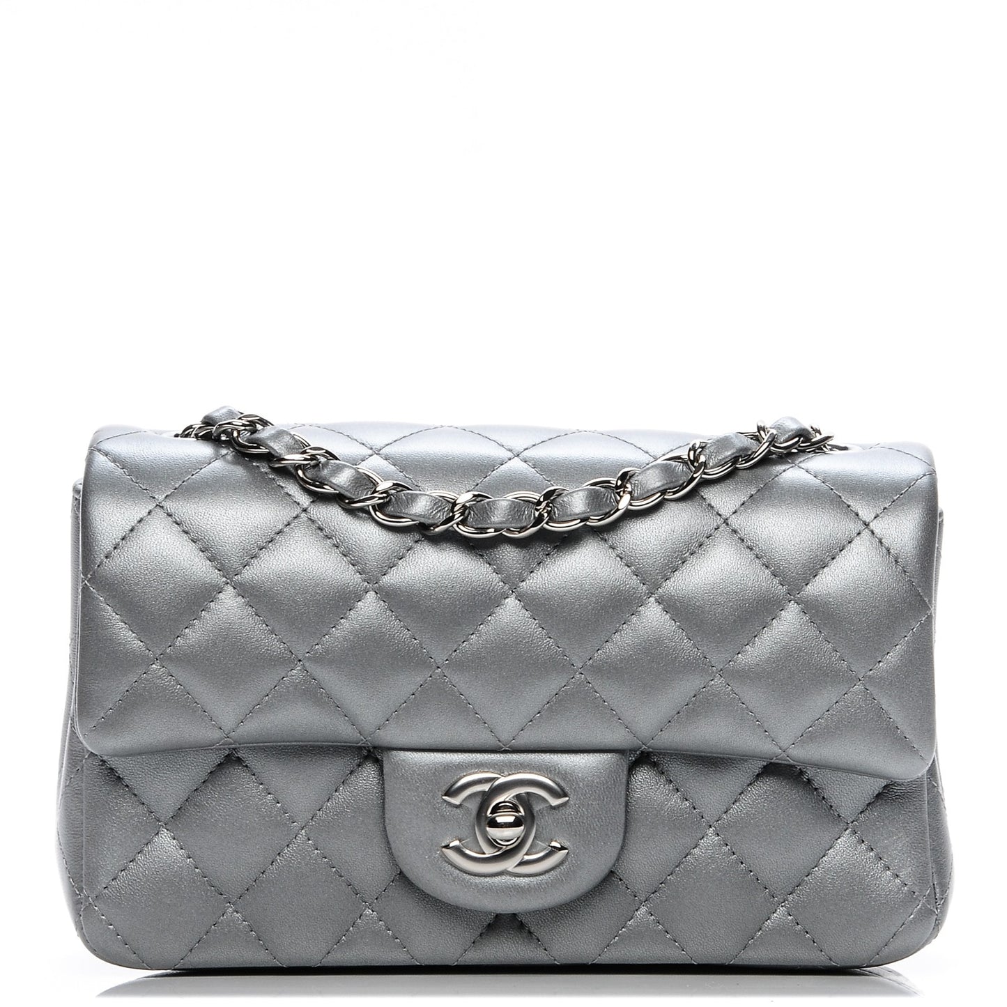 Metallic Lambskin Quilted Mini Rectangular Flap Silver