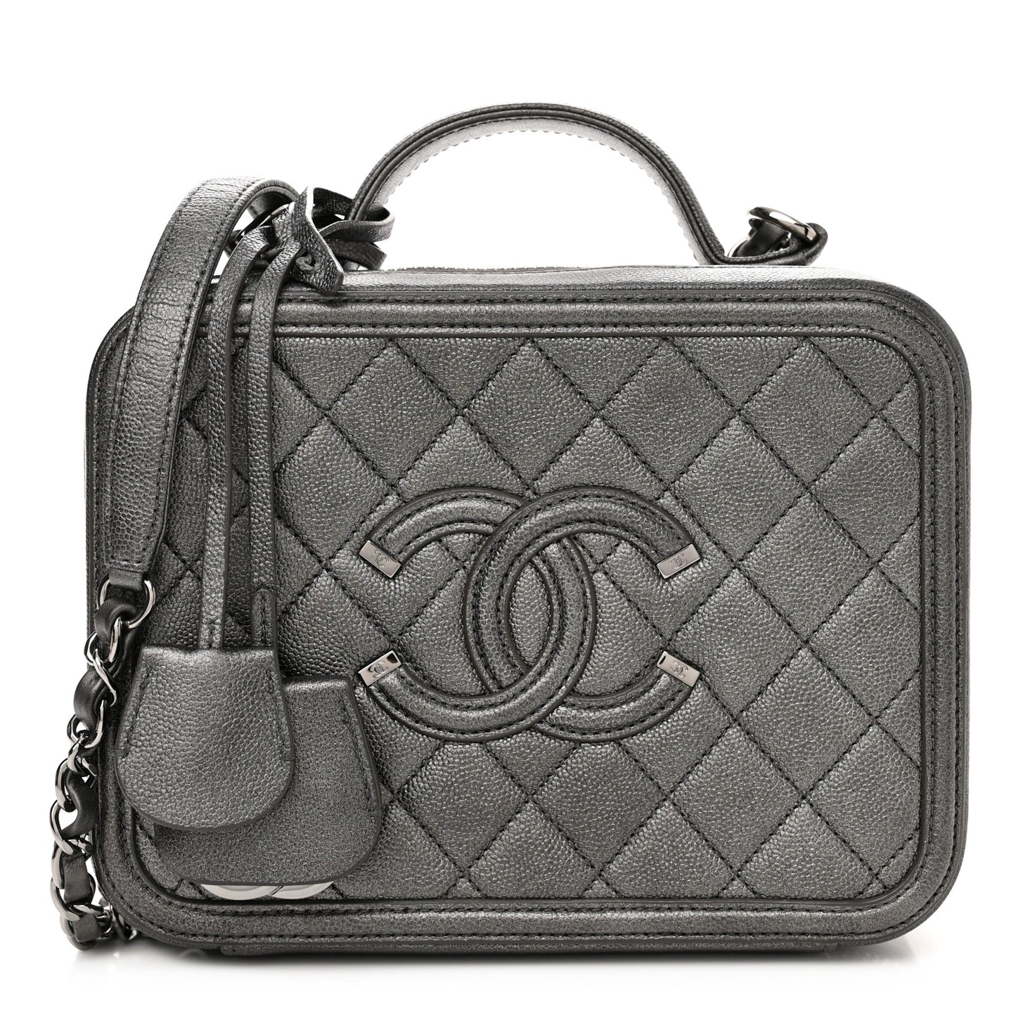 Metallic Caviar Quilted Medium CC Filigree Vanity Case Dark Silver
