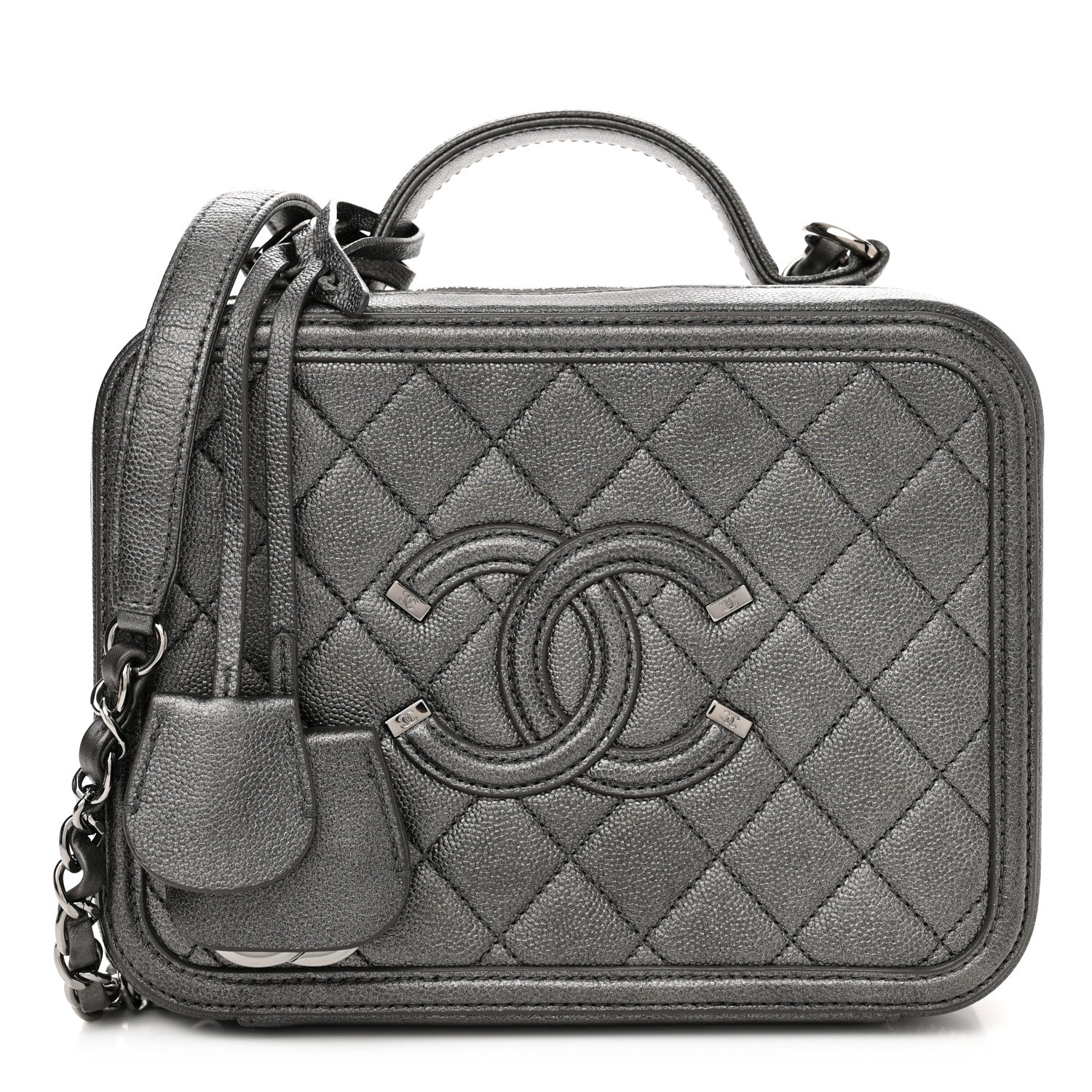 Chanel Metallic Caviar Quilted Medium CC Filigree Vanity Case Dark Silver 1 of 12