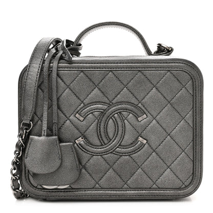 Chanel Metallic Caviar Quilted Medium CC Filigree Vanity Case Dark Silver 1 of 12