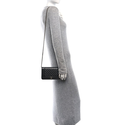 Chanel Metallic Goatskin Chevron Quilted Vintage Mademoiselle Wallet On Chain WOC Charcoal 2 of 11
