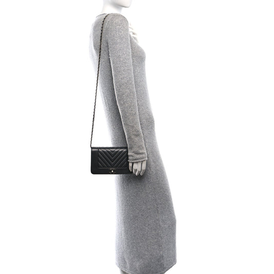 Metallic Goatskin Chevron Quilted Vintage Mademoiselle Wallet On Chain WOC Charcoal
