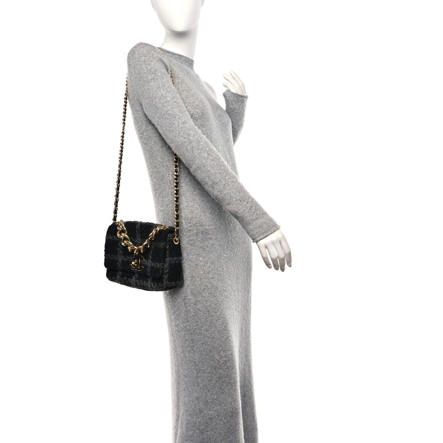 Wool Tweed Quilted Elegant Chain Flap Black Grey