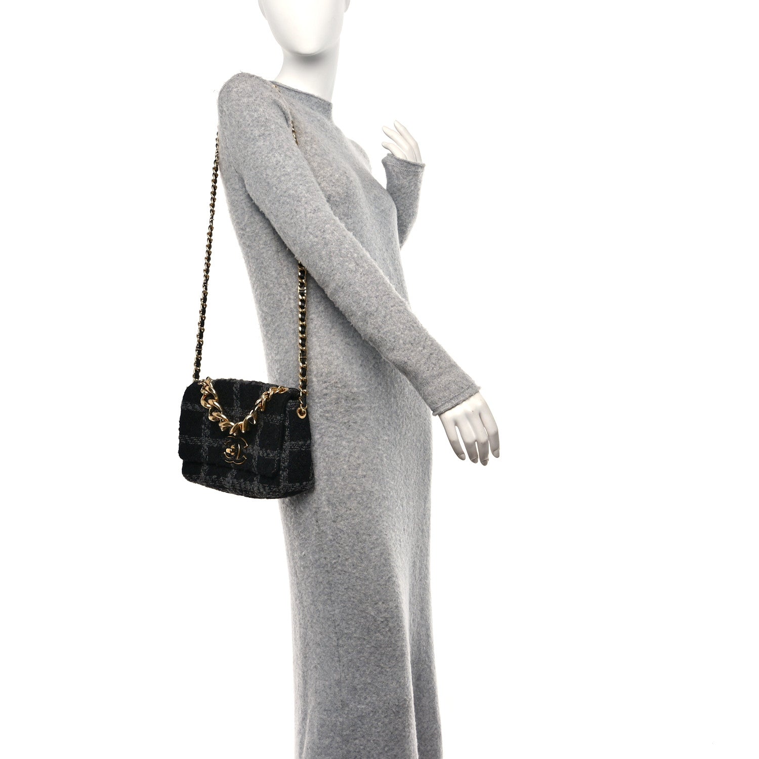 Chanel Wool Tweed Quilted Elegant Chain Flap Black Grey 2 of 11