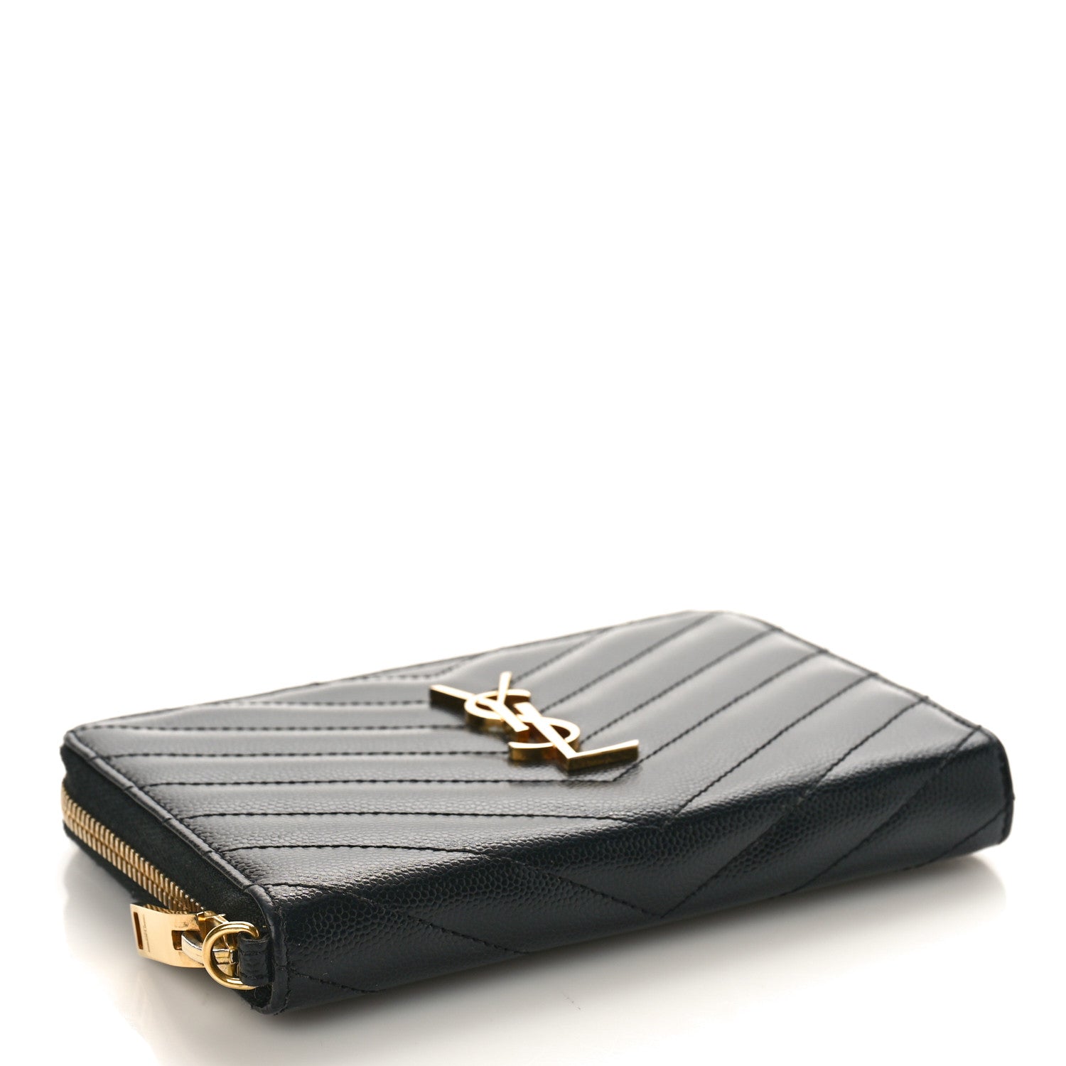 Saint Laurent Grain De Poudre Matelasse Chevron Monogram Small Zip Around Wallet Black 4 of 8