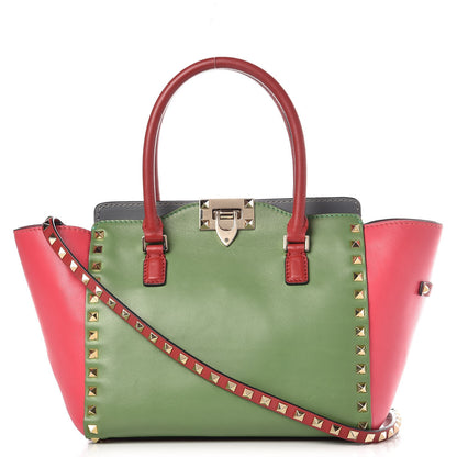 Valentino Garavani Vitello Colorblock Small Rockstud Double Handle Tote Deep Rose Clover Grey Scarlet 1 of 12