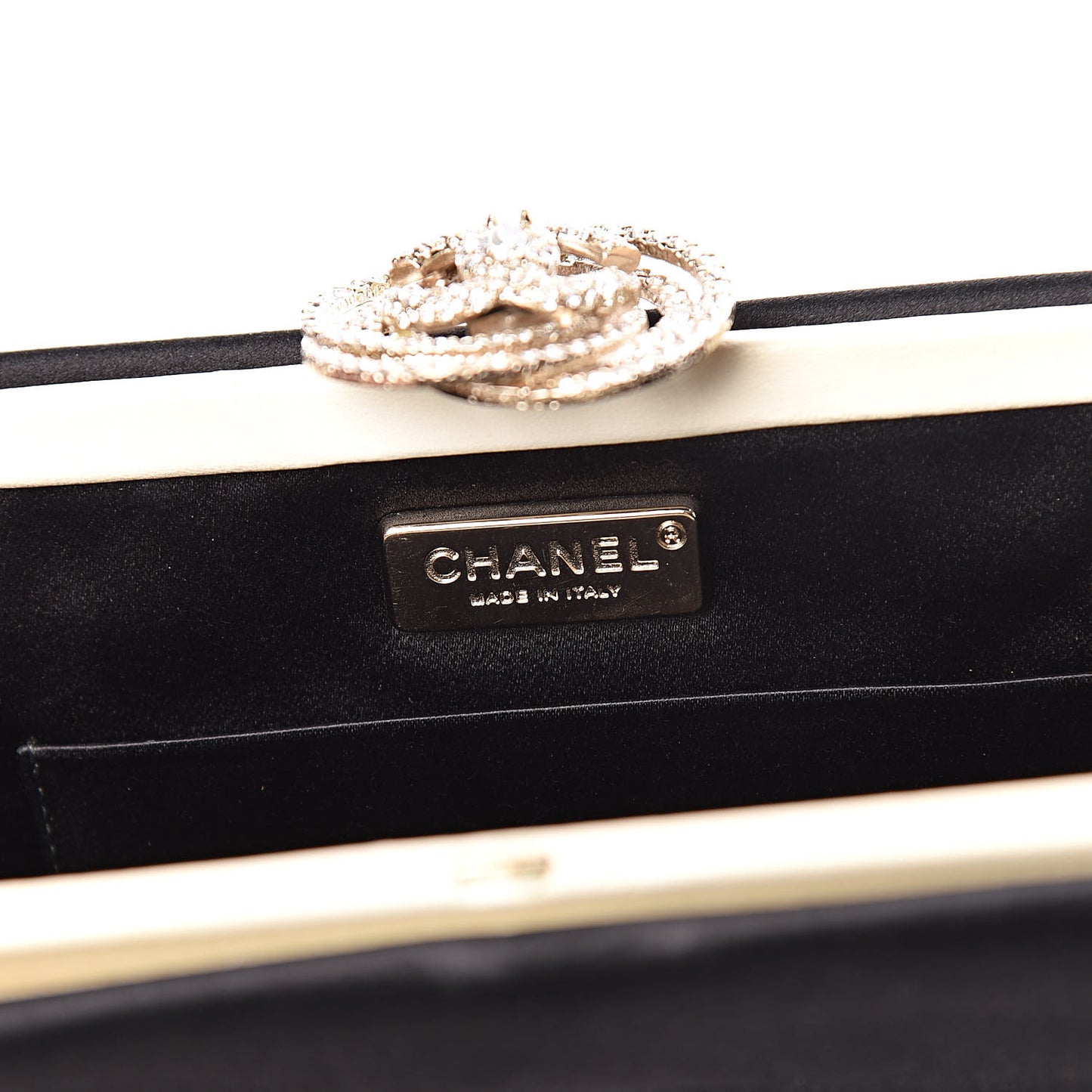 Satin Crystal Camellia Evening Frame Clutch Black
