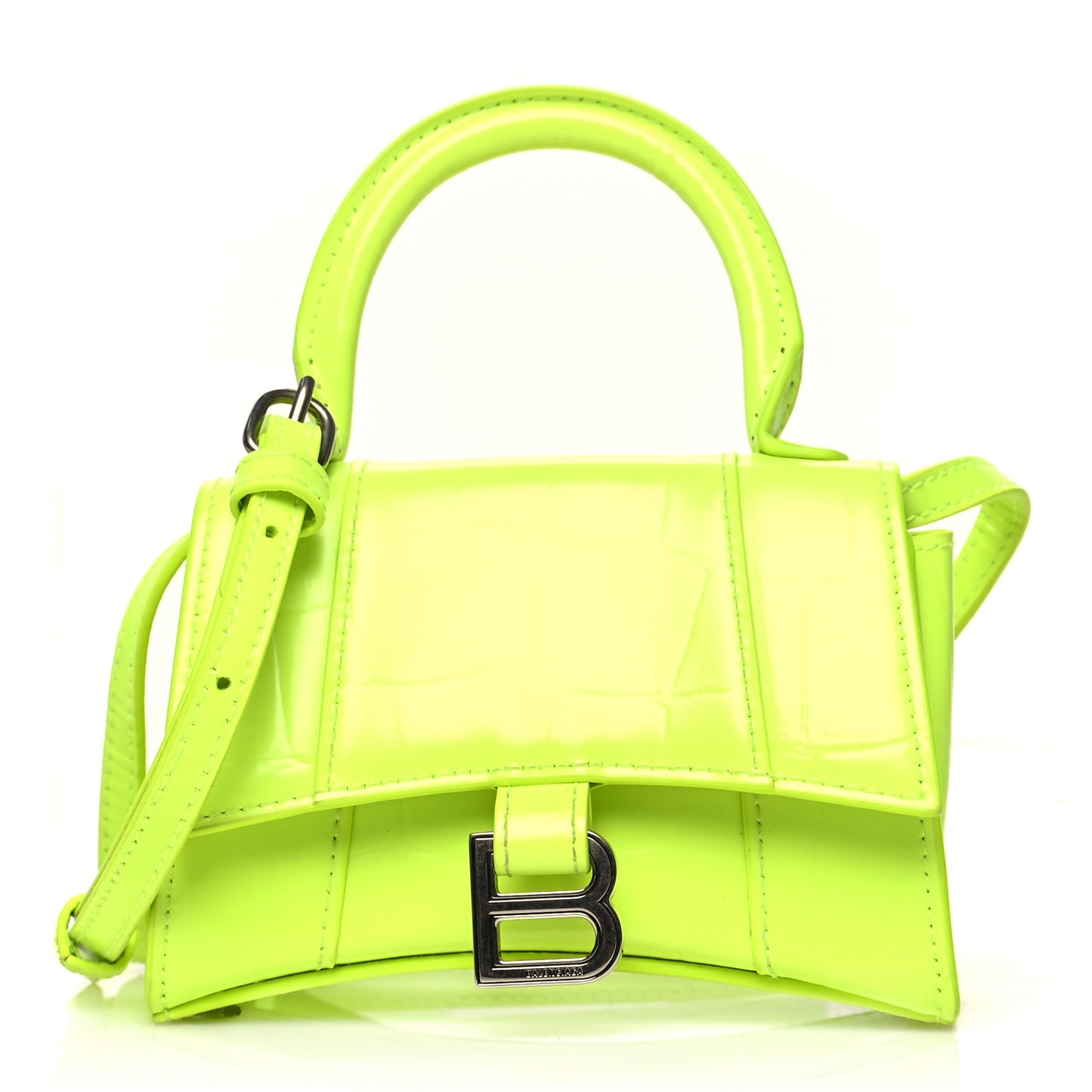 Semi Shiny Calfskin Crocodile Embossed Hourglass Top Handle Bag Mini Fluo Yellow