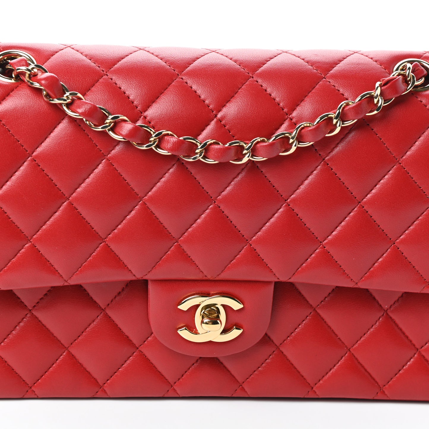 Lambskin Quilted Medium Double Flap Red