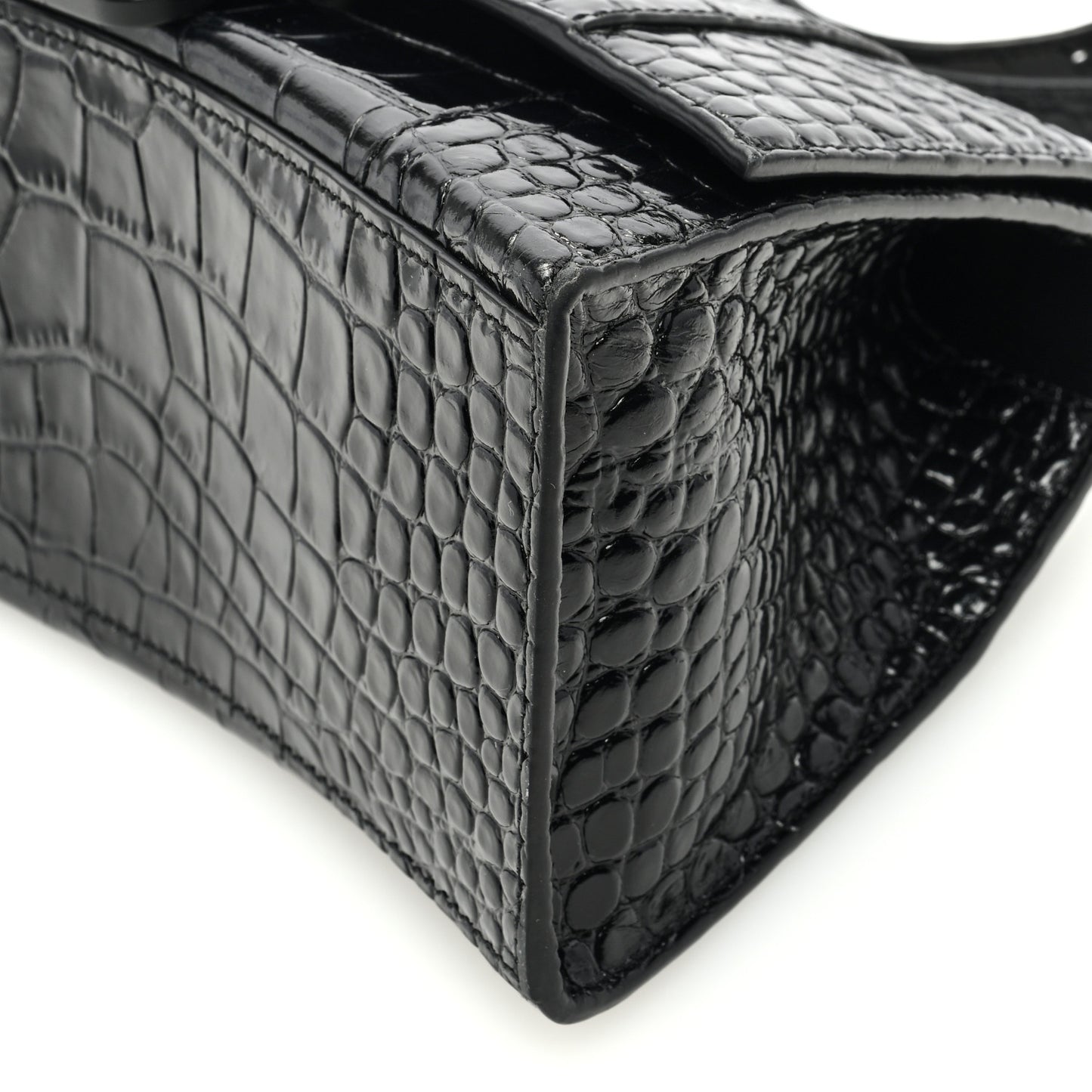 Shiny Calfskin Monochrome Crocodile Embossed Small Hourglass Top Handle Bag Black