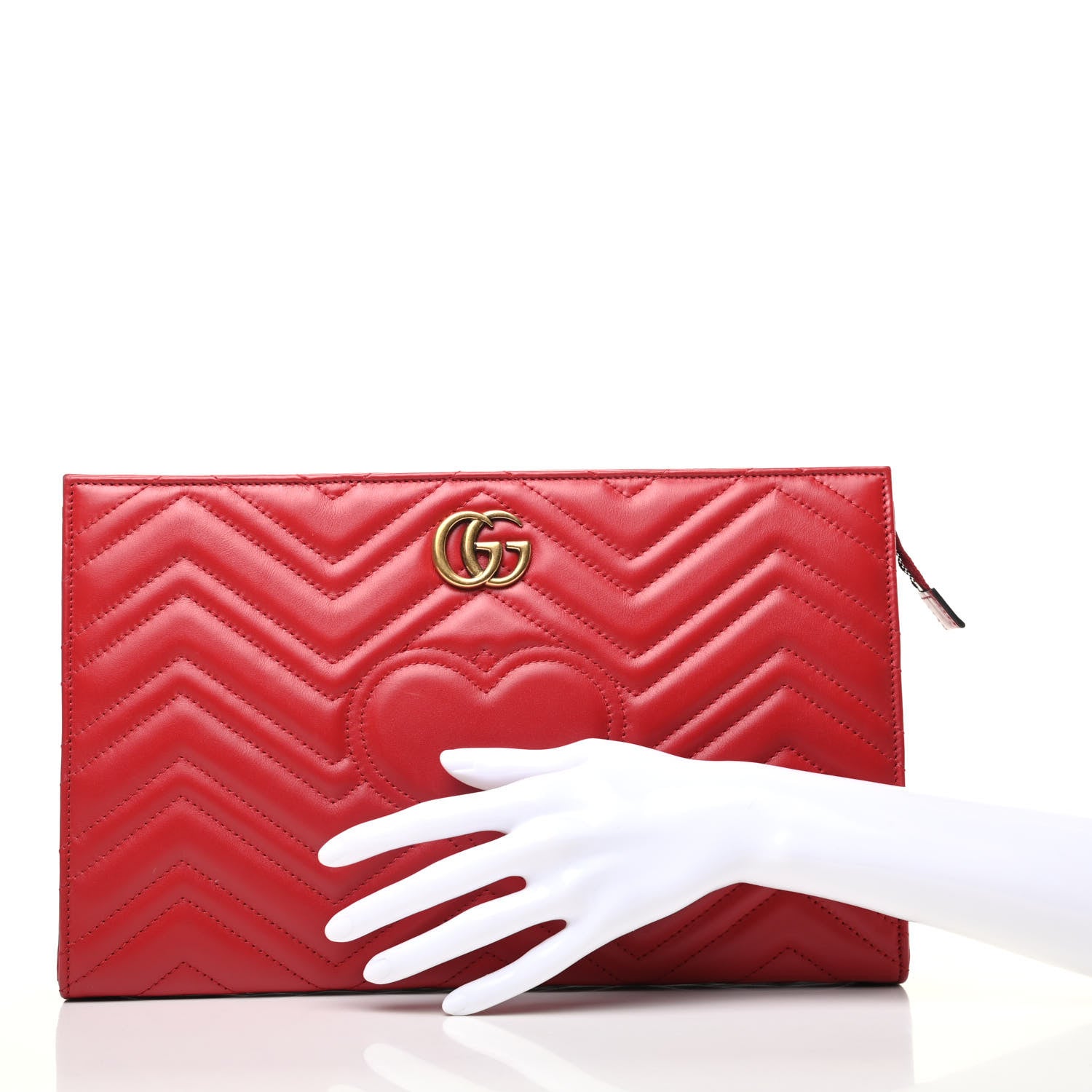 Gucci Calfskin Matelasse Chevron Heart GG Marmont Clutch Hibiscus Red 2 of 9