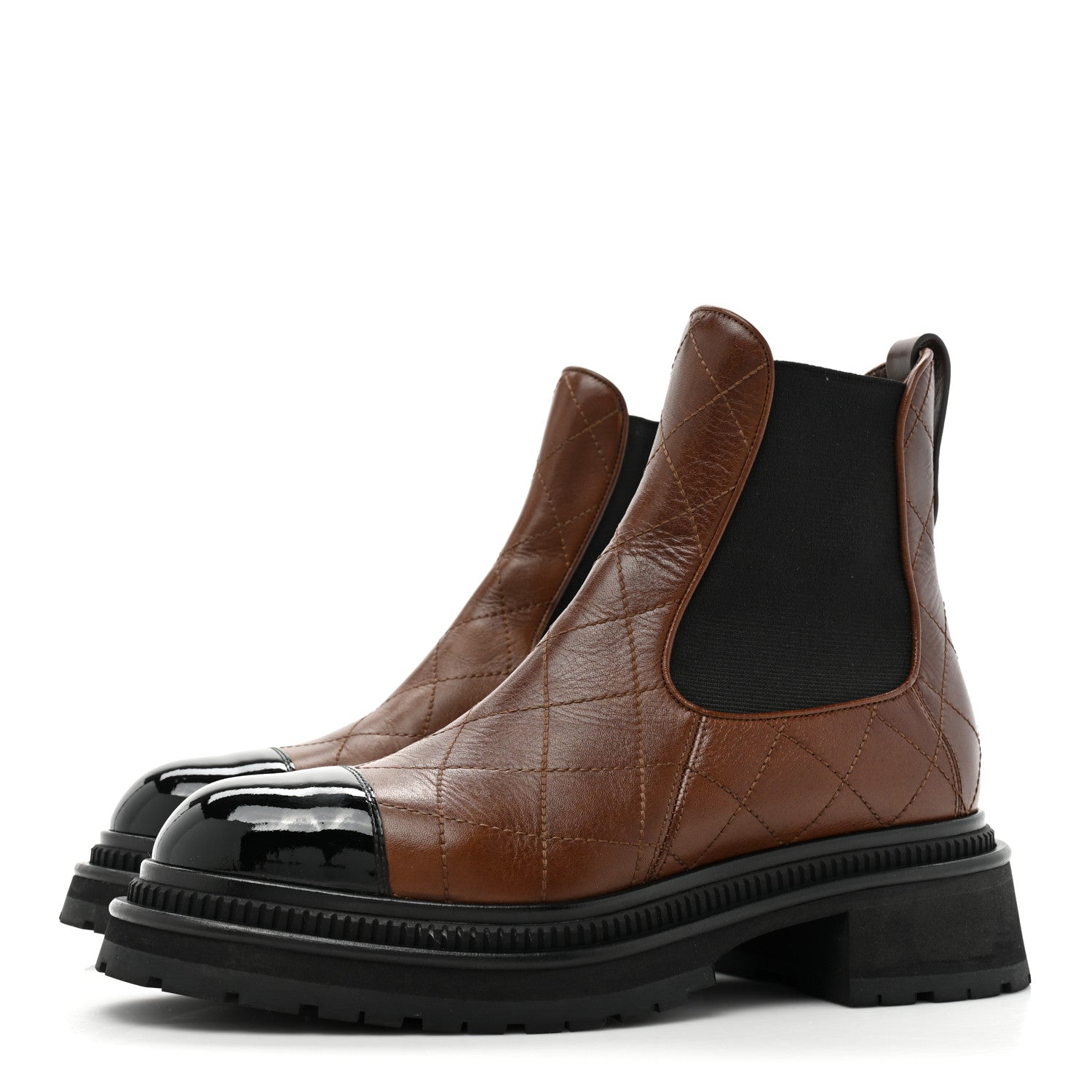 Chanel Calfskin Patent Cap Toe Quilted Short Boots 39.5 Brown Black 3 of 13