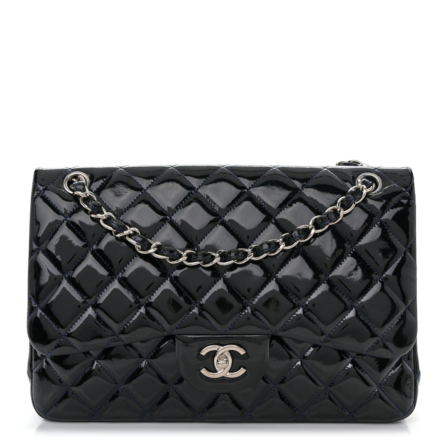 Patent Quilted Jumbo Double Flap Dark Blue