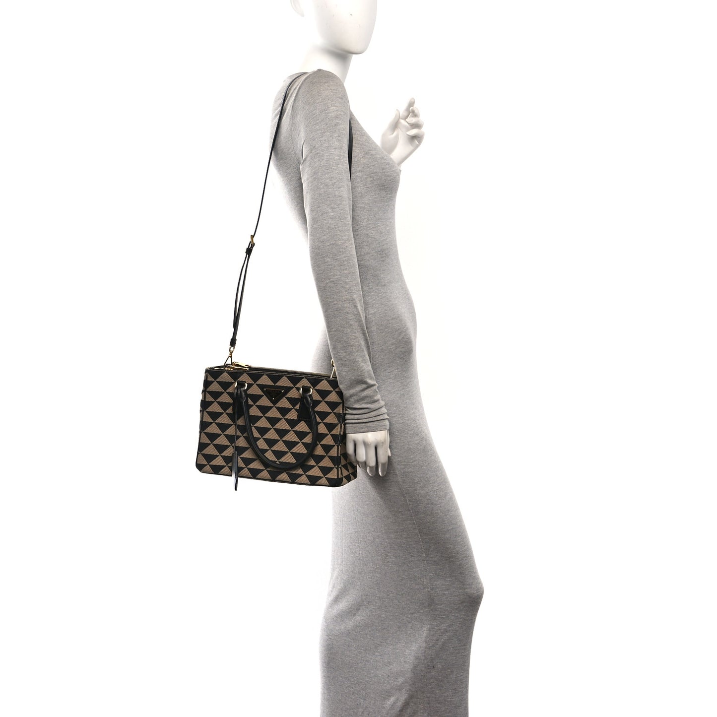 Jacquard Saffiano Triangolo Symbole Embroidered Small Galleria Double Zip Tote Black Corda