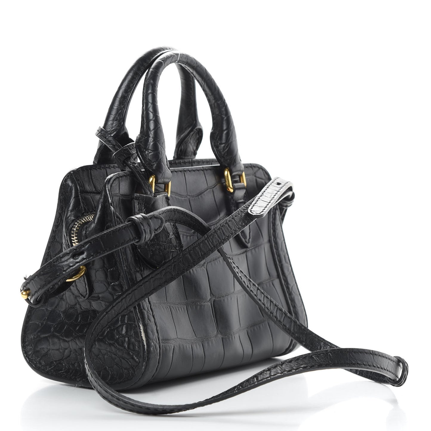 Calfskin Crocodile Embossed Mini Skull Padlock Zip Around Tote Black