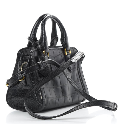 Alexander McQueen Calfskin Crocodile Embossed Mini Skull Padlock Zip Around Tote Black 4 of 17