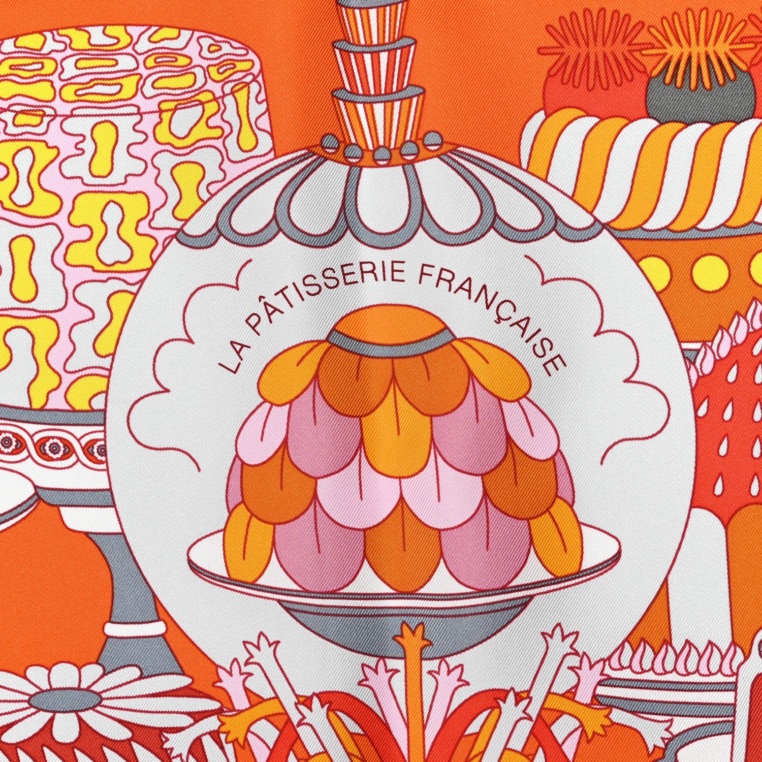 Hermes Silk La Patisserie Francaise Scarf 90 Orange Rose Gris 2 of 5