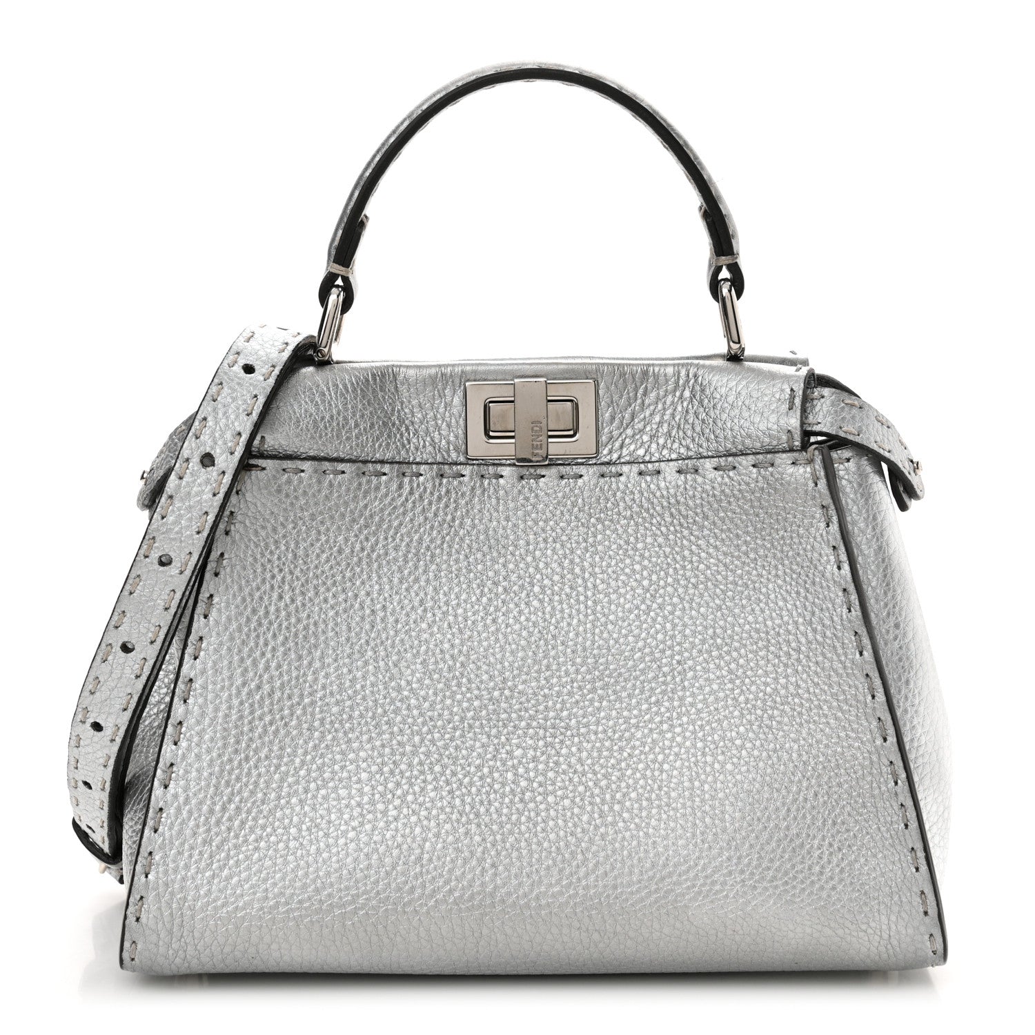 Fendi Cuoio Romano Lux Selleria Mini Peekaboo Iconic Satchel Argento 1 of 9