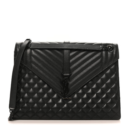 Saint Laurent Grain De Poudre Textured Mixed Matelasse Large Triquilt Monogram Monochrome Satchel Black 1 of 9