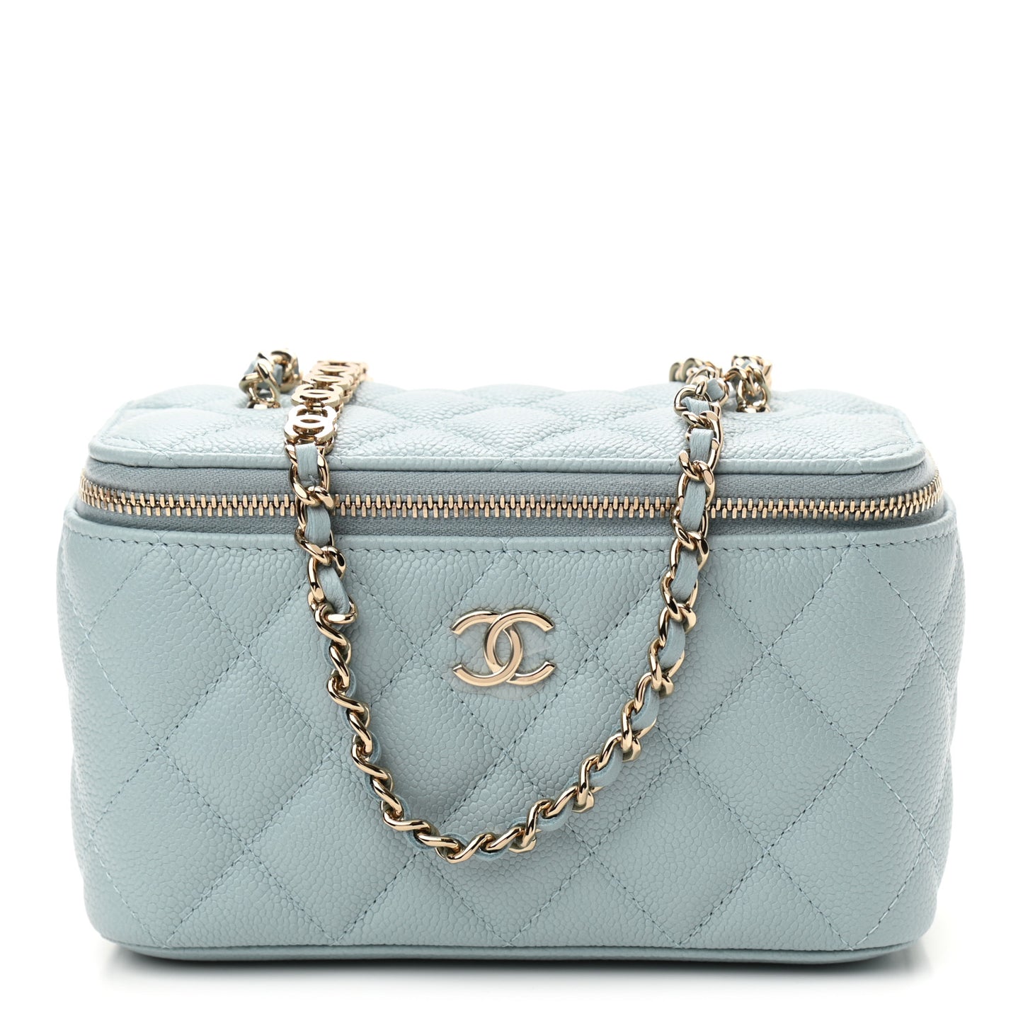 Caviar Quilted Small Tiny CC Vanity Case With Chain Light Blue