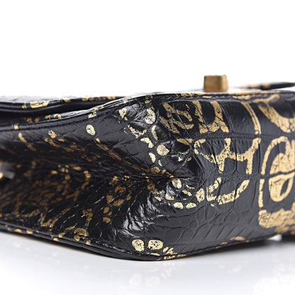 Chanel Calfskin Crocodile Embossed Graffiti 2.55 Mini Cocodile Reissue Flap Black Gold 10 of 11