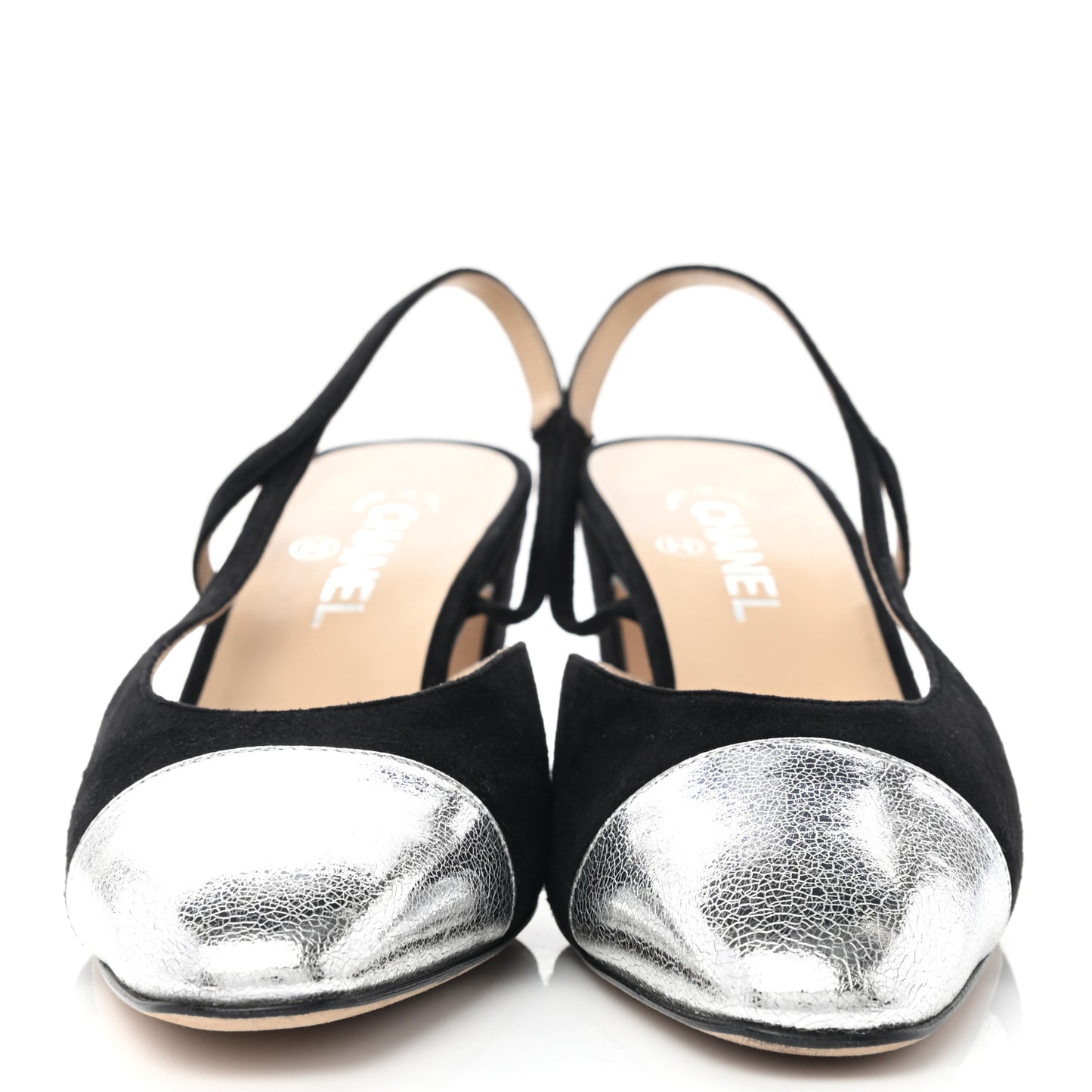 Kid Suede Metallic Lambskin Cap Toe CC Slingback Pumps 40.5 Black Silver