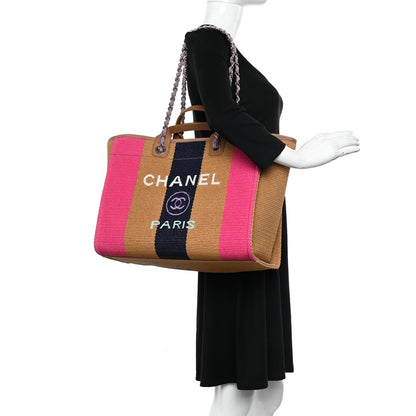 Chanel Straw Raffia Calfskin Striped Medium Deauville Tote Dark Beige Fuchsia Navy Blue 2 of 10