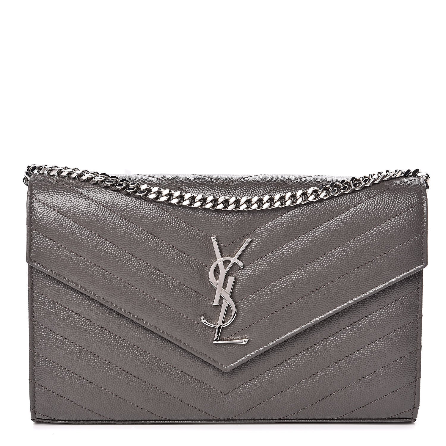Saint Laurent Grain De Poudre Matelasse Chevron Monogram Chain Wallet Fog 1 of 12