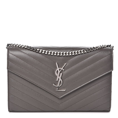 Saint Laurent Grain De Poudre Matelasse Chevron Monogram Chain Wallet Fog 1 of 12