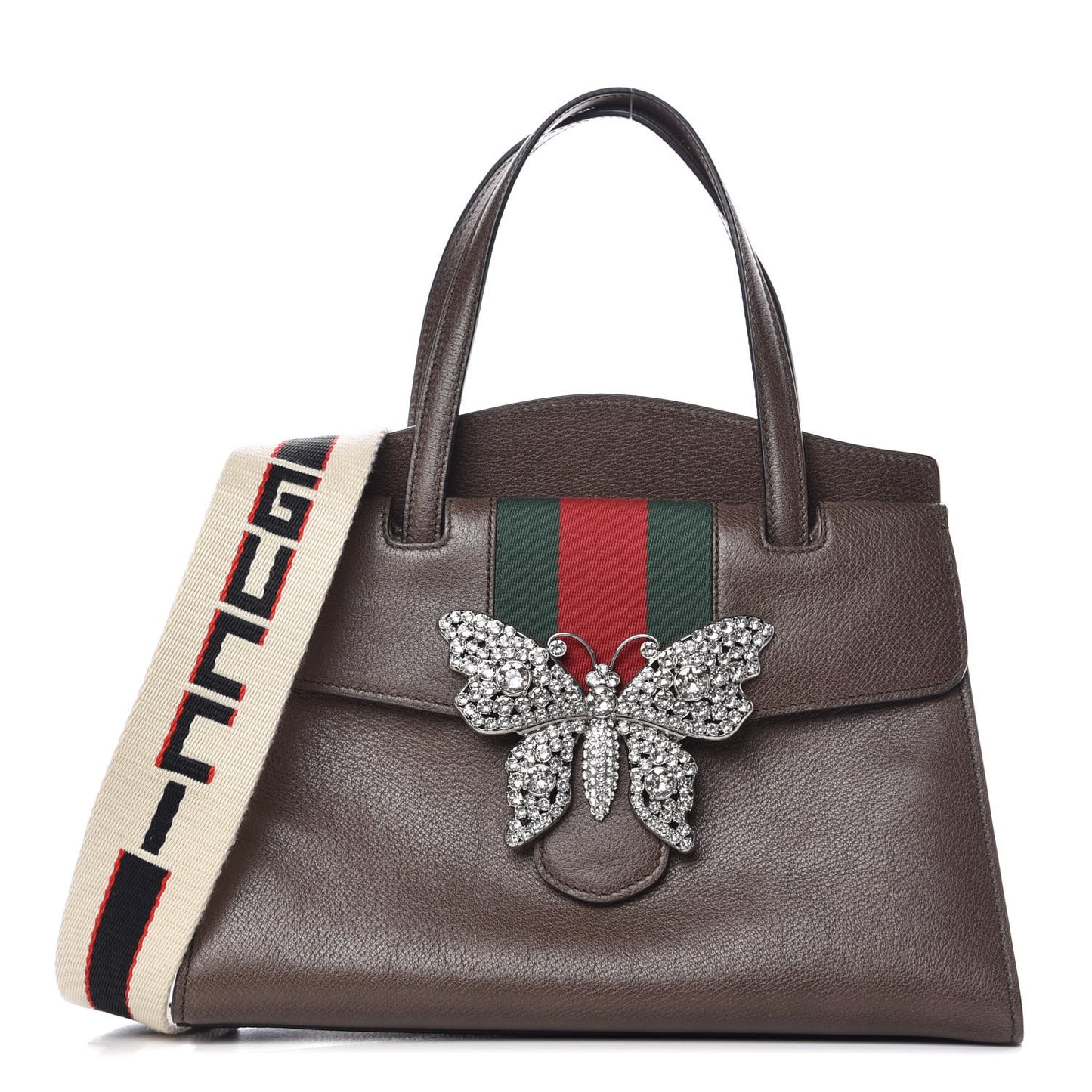 Textured Calfskin Web Crystal Butterfly Stripe Medium Totem Top Handle Bag New Acero