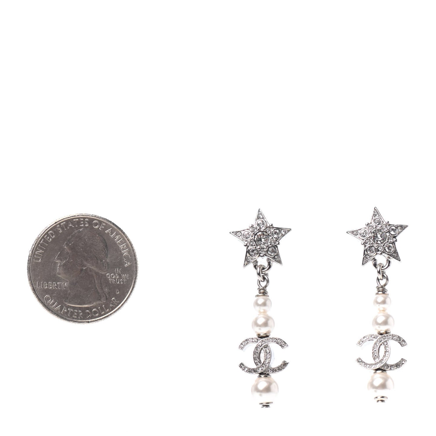 Crystal Pearl CC Star Drop Earrings Silver