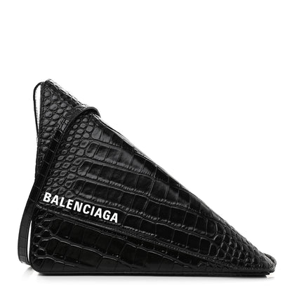 Balenciaga Calfskin Logo Crocodile Embossed Triangle Clutch Black White 1 of 9