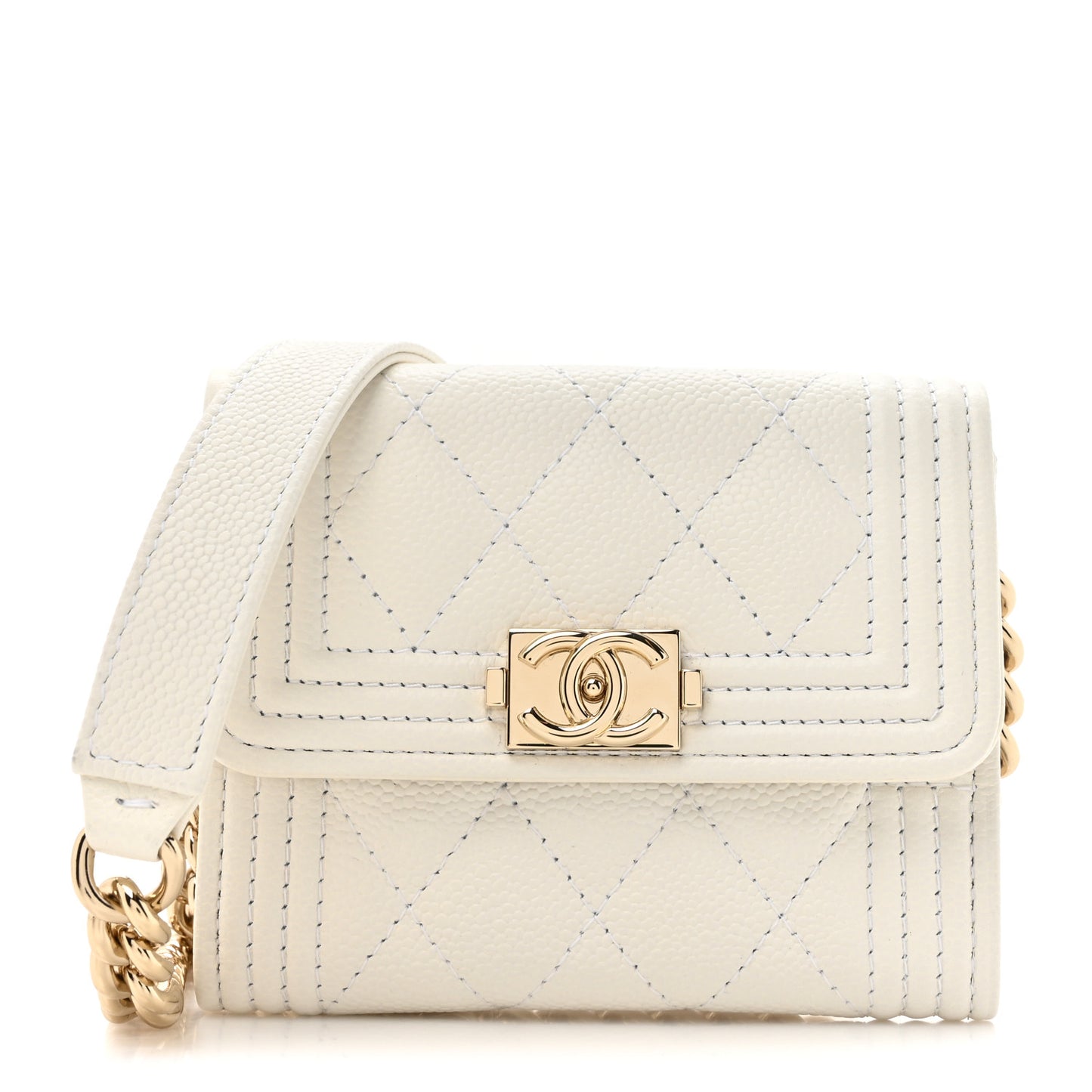 Caviar Quilted Boy Card Holder On Chain White