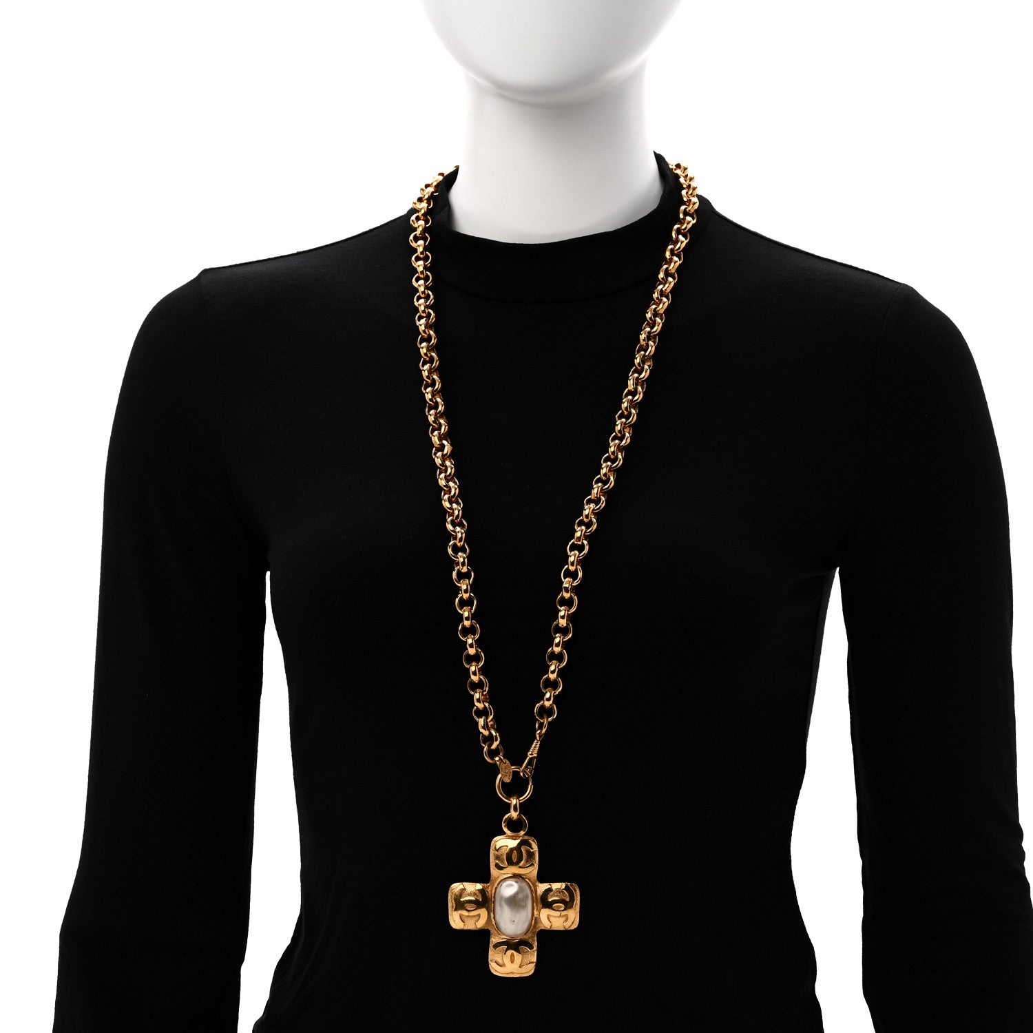 Chanel Pearl CC Cross Pendant Necklace Gold 2 of 6