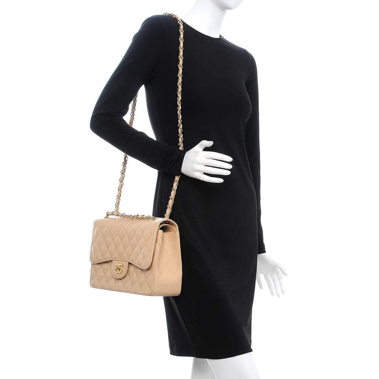 Caviar Quilted Jumbo Double Flap Beige Clair