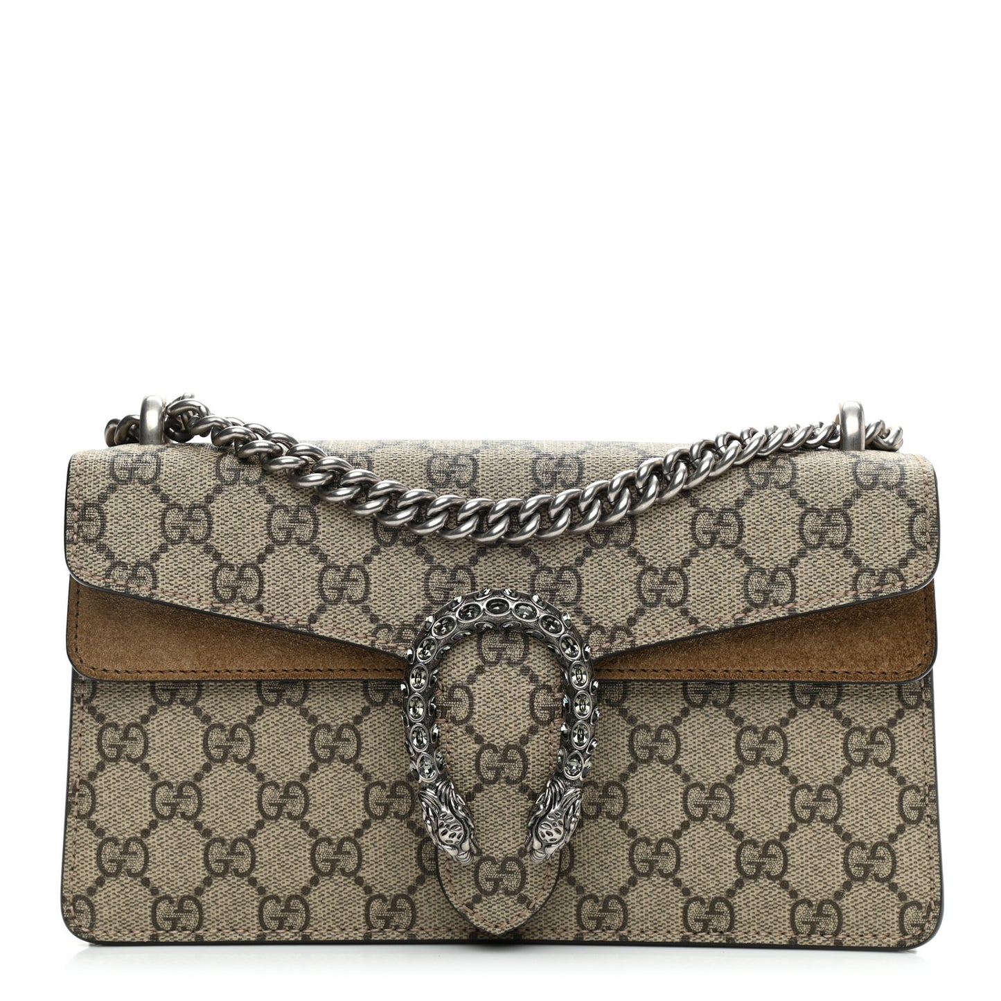 GG Supreme Monogram Suede Crystal Small Dionysus Shoulder Bag Beige Ebony Taupe