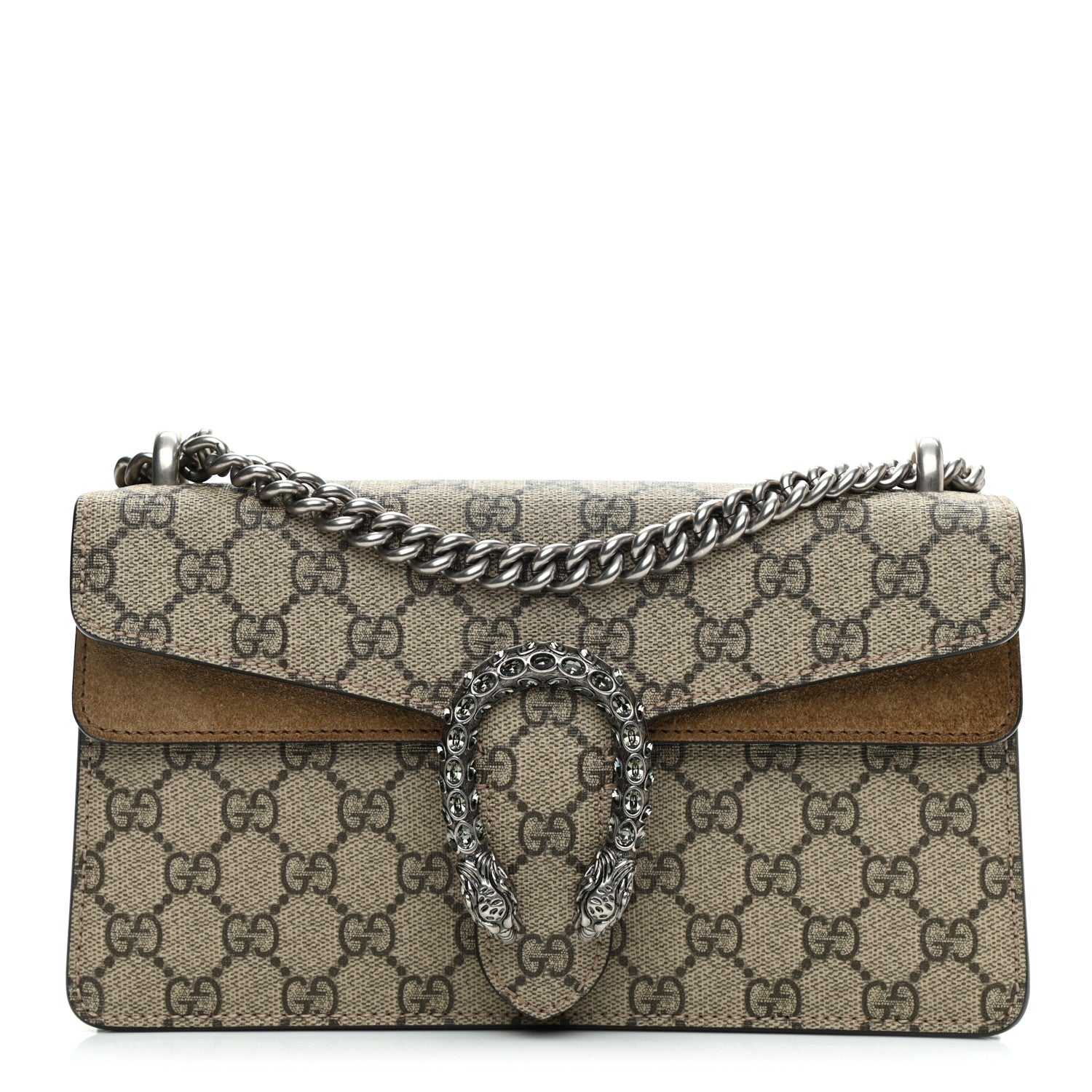 Gucci GG Supreme Monogram Suede Crystal Small Dionysus Shoulder Bag Beige Ebony Taupe 1 of 9