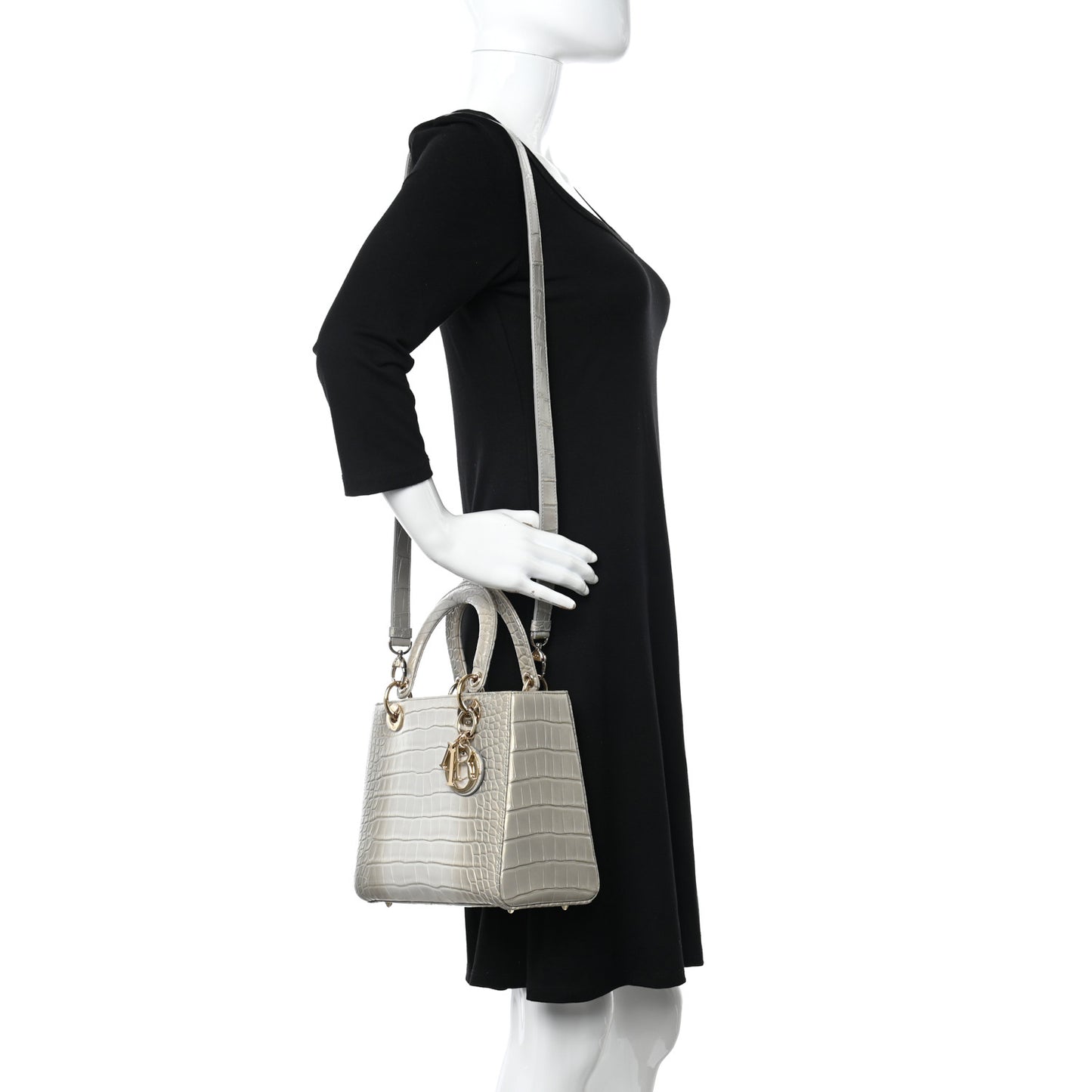 Metallic Alligator Medium Lady Dior White Grey