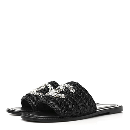 Chanel Raffia Crystal CC Mules Sandals 38.5 Black 3 of 9