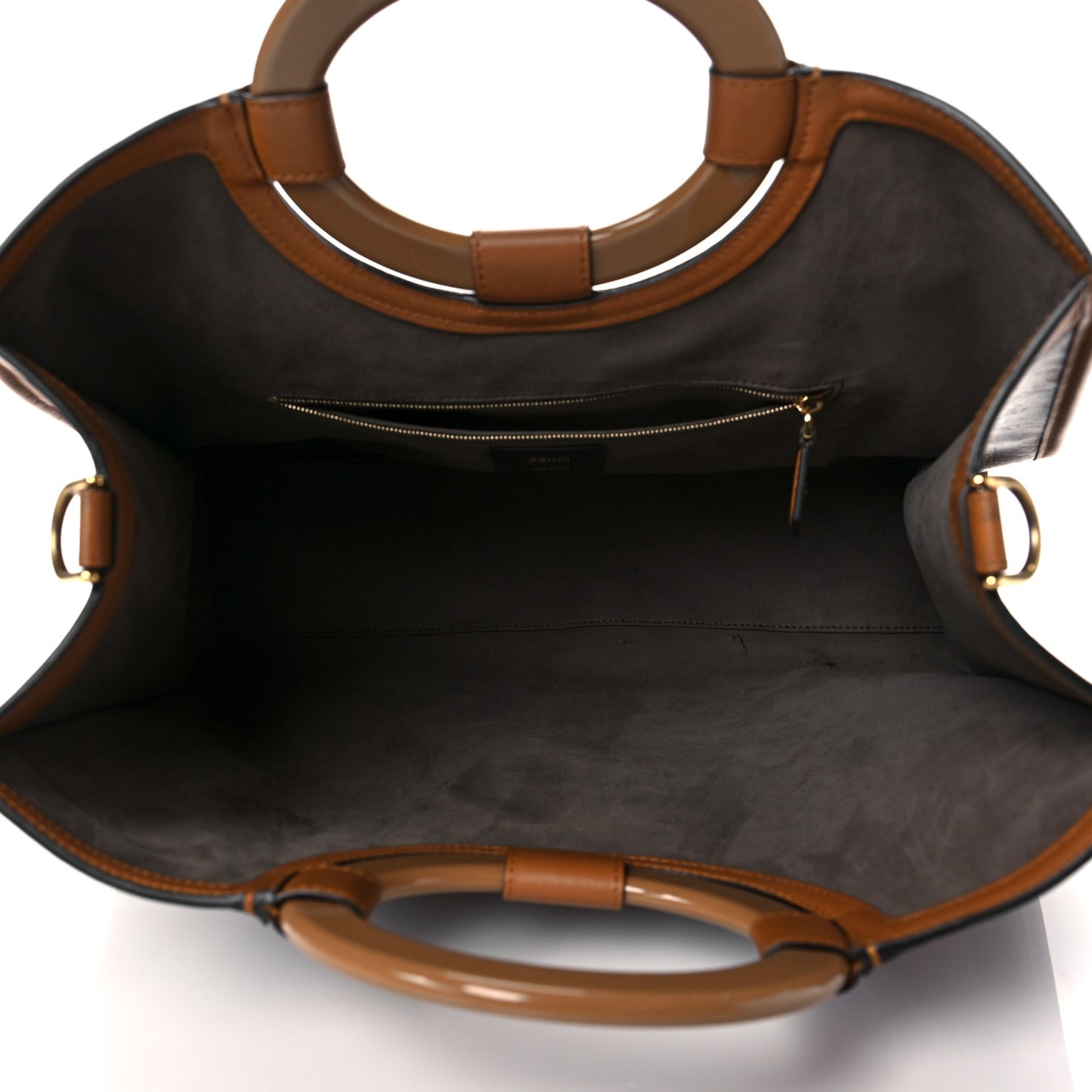 Glazed Fabric Vitello Century Plexiglass FF 1974 Stamp Patch Medium Runaway Shopper Tote Mogano Panna Nocciola