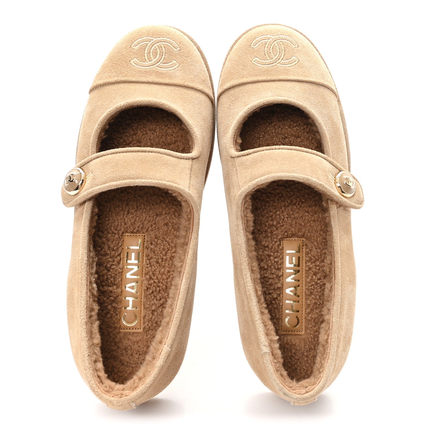 Chanel Suede Shearling Mary Jane Flats 36.5 Beige 2 of 9