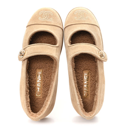 Chanel Suede Shearling Mary Jane Flats 36.5 Beige 2 of 9