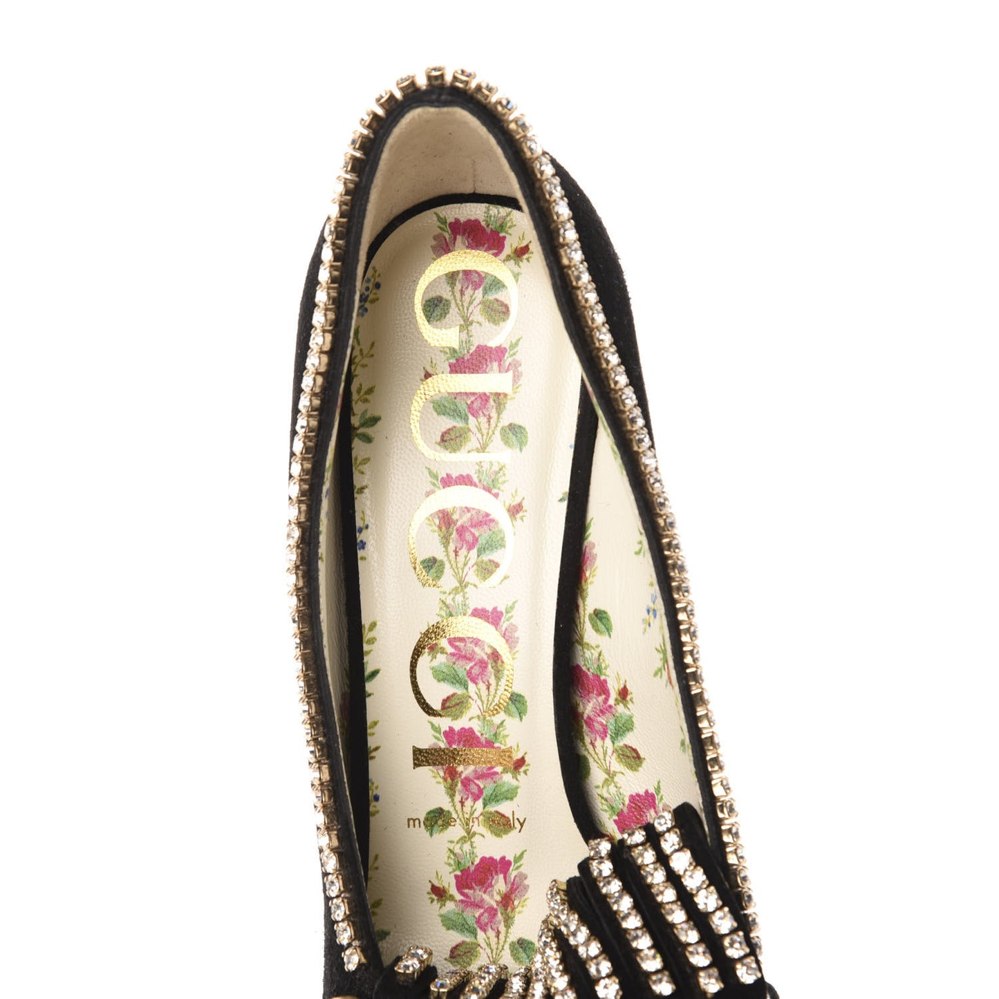 Kid Scamosciato Crystal GG Marmont Fringe 50mm Loafer Pumps 36.5 Black