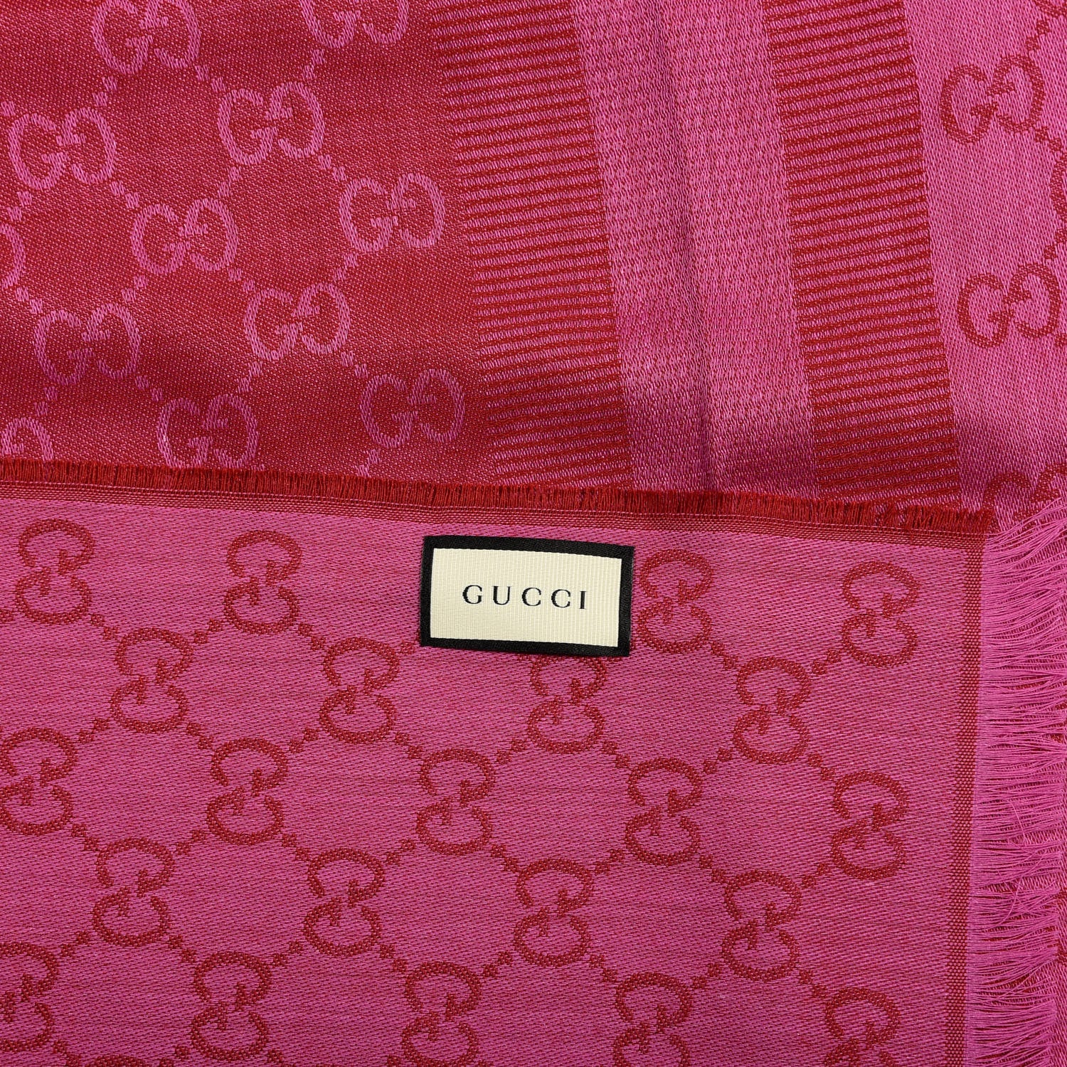 Gucci Wool Silk GG Monogram GGWeblong Fringe Scarf Shawl Red Pink 3 of 3