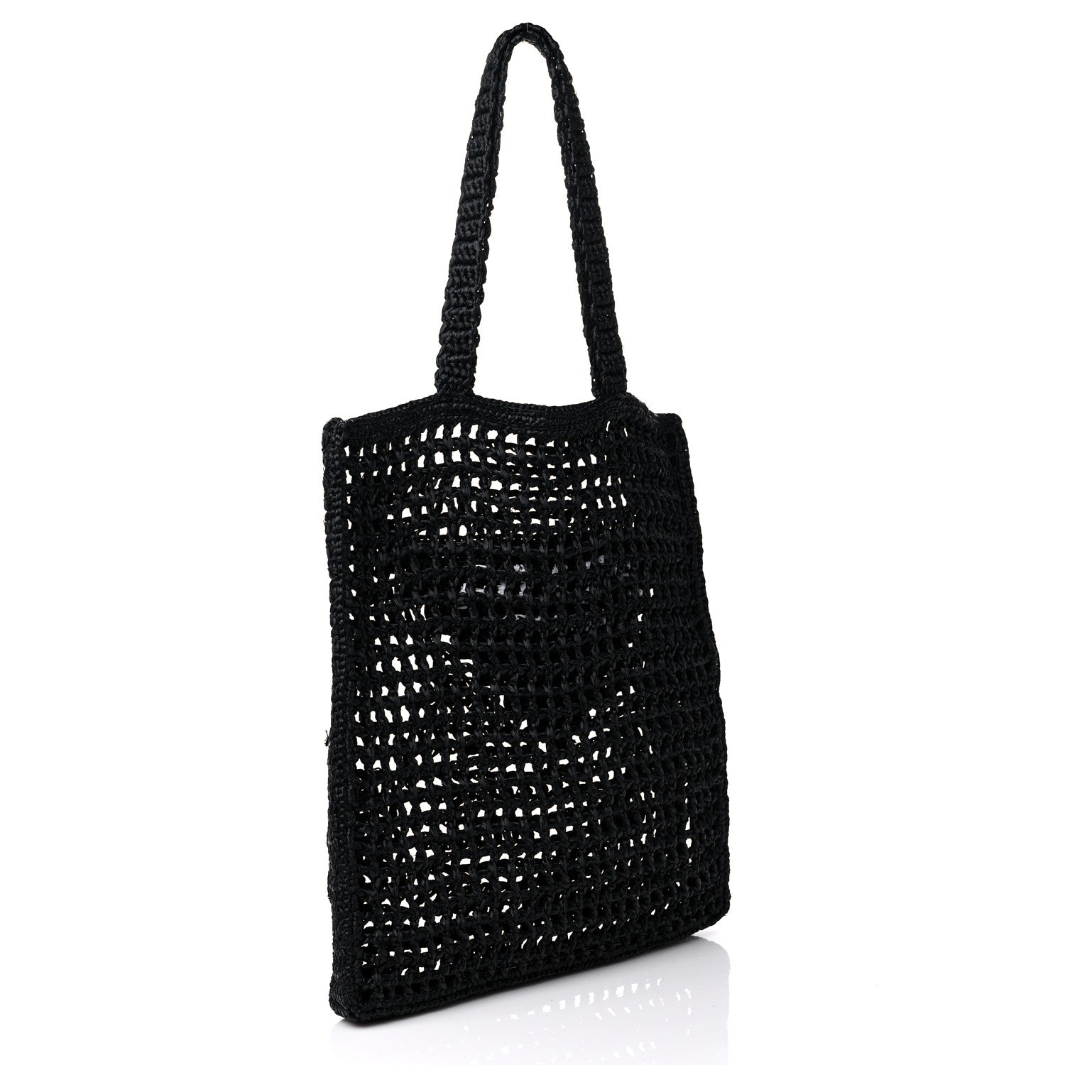 Prada Yarn Raffia Effect Crochet Logo Embroidered Tote Bag Black 3 of 7