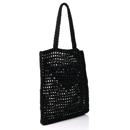 Prada Yarn Raffia Effect Crochet Logo Embroidered Tote Bag Black 3 of 7