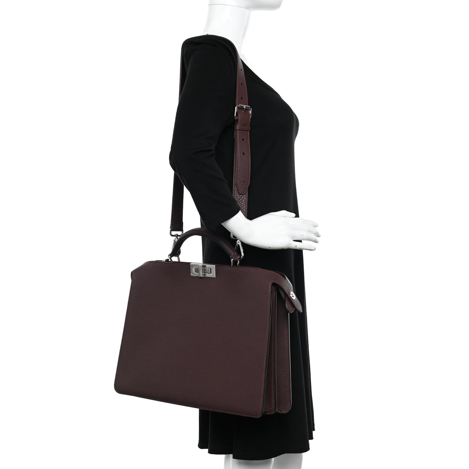 Fendi Cuoio Romano Vitello Cover Glazed Fabric Bi-Color FF 1974 Medium Peekaboo I SEE U Satchel Granada Tartufo Burgundy Tobacco Moro 2 of 11